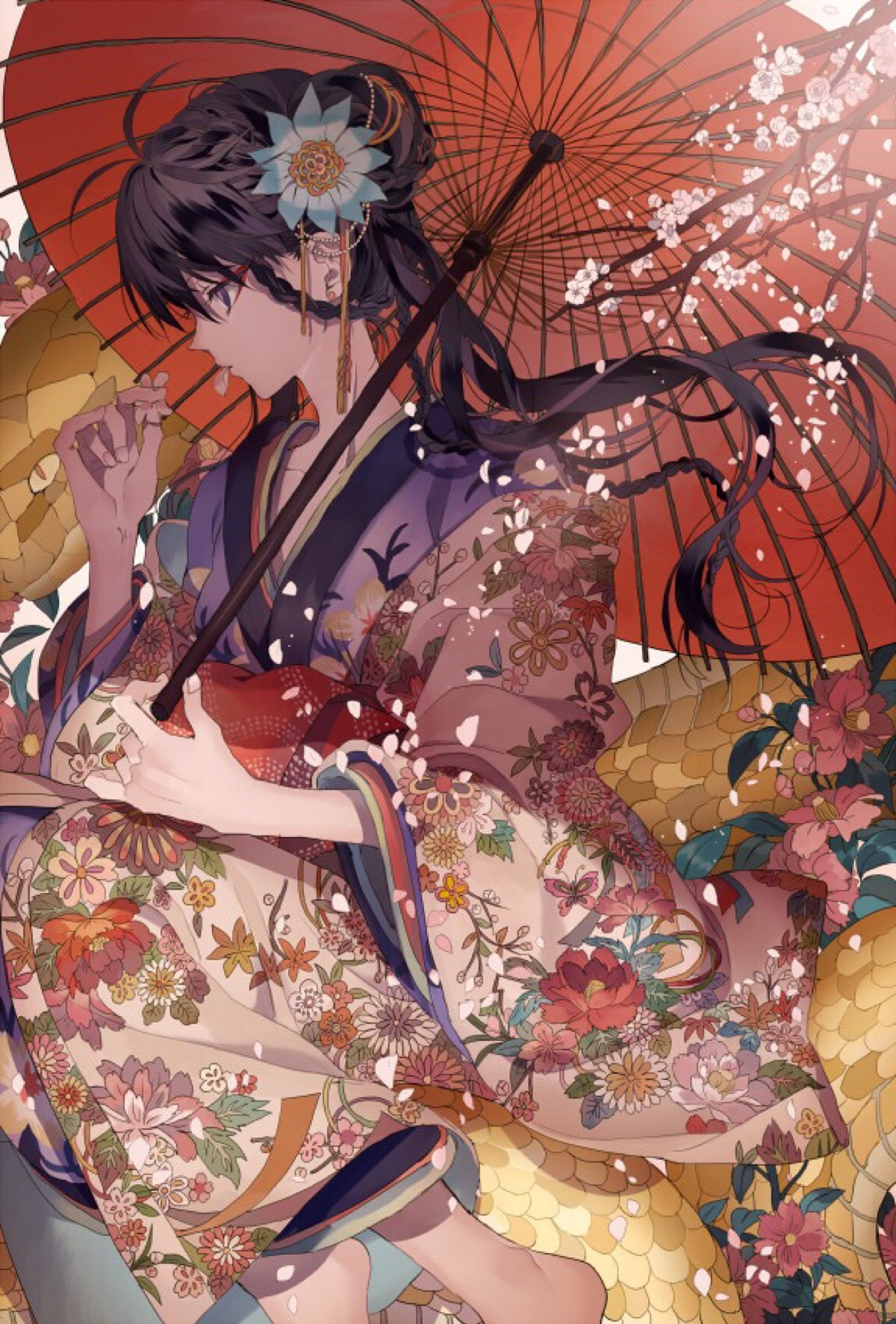 Wallpaper : illustration, long hair, anime girls, umbrella, dark hair, sword, hair ornament ...