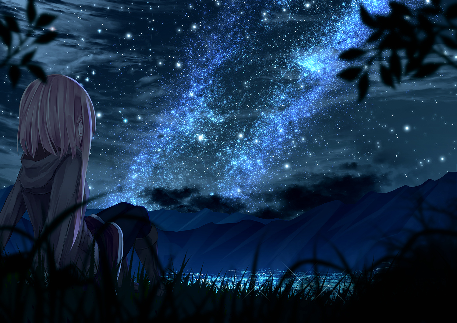 动漫星空图片唯美唯美蓝色樱花系星空夜晚动漫壁纸