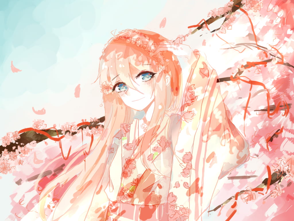 少女,樱花,二次元,