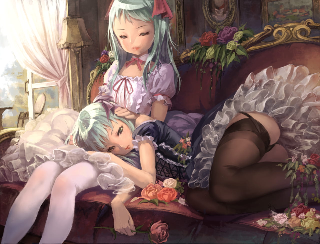 膝枕,少女,插画