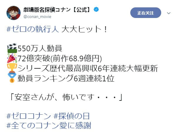 零之执行人,名侦探柯南剧场版,名侦探柯南票房纪录